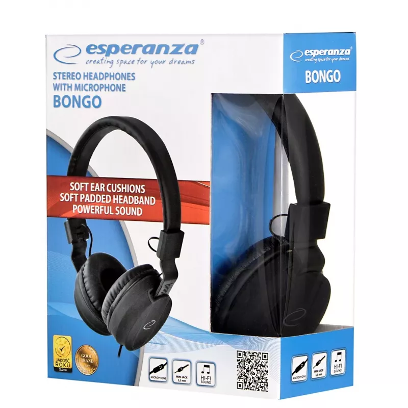 Austiņas ESPERANZA BONGO EH212K — vadu, galvas stīpa, 20–20000 Hz, 1,5 m kabelis, melnas