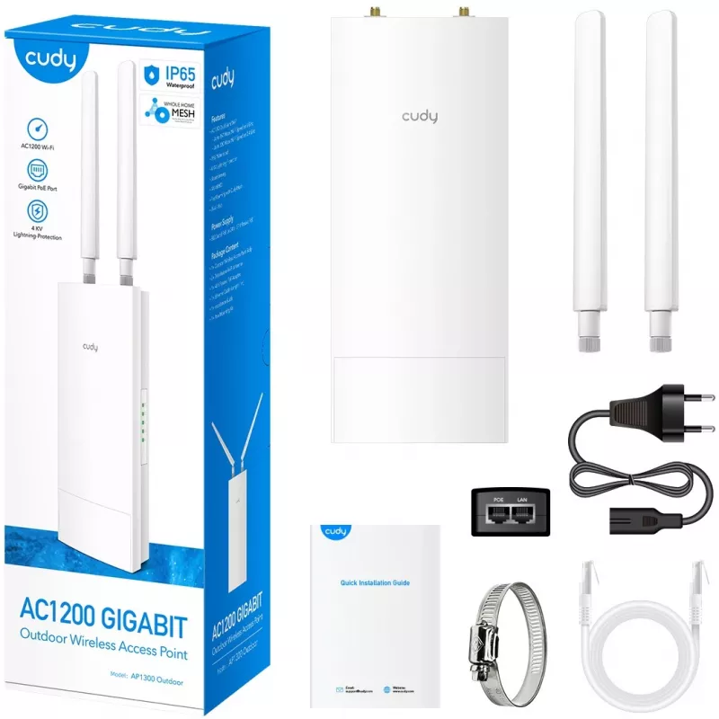 Piekļuves punkts Cudy AP1300 Outdoor — divjoslu 2.4/5 GHz, 300/867 Mbit/s, IP65, PoE, 2 ārējās RP‑SMA antenas