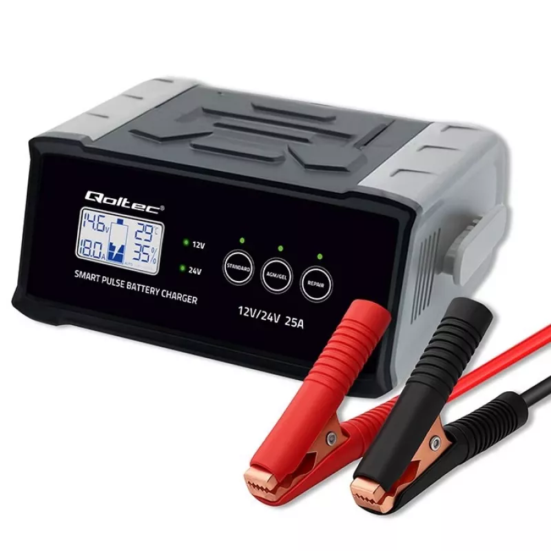Baterijas lādētājs QOLTEC 52514 — 12V/24V, 25A, AGM/GEL/SLA baterijām ar LCD displeju