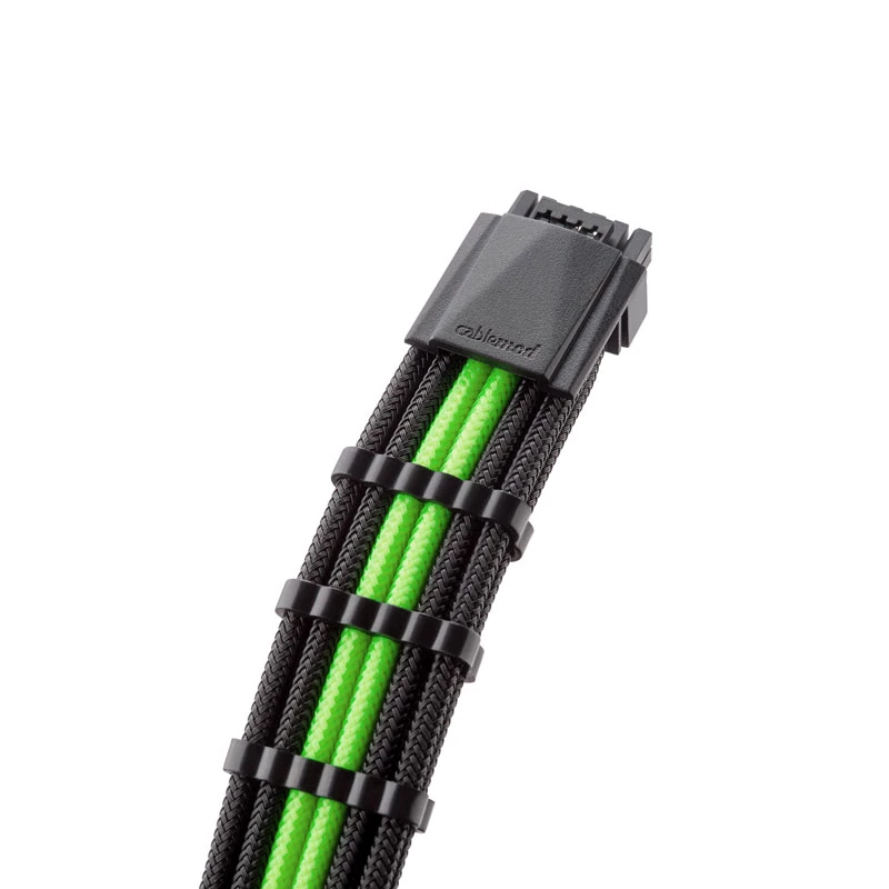 CableMod 12VHPWR uz 3× PCIe ModMesh kabelis 45 cm, melns/gaiši zaļš