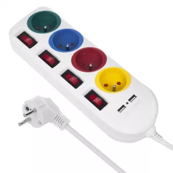 Strāvas sadalītājs MACLEAN MCE229W — 4 rozetes, 2× USB, 1,5 m kabelis, F tips, 10 A, balts