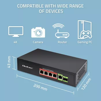 Ethernet PoE komutators QOLTEC 52296 — 4x RJ45 PoE porti, 1x RJ45 uplinks