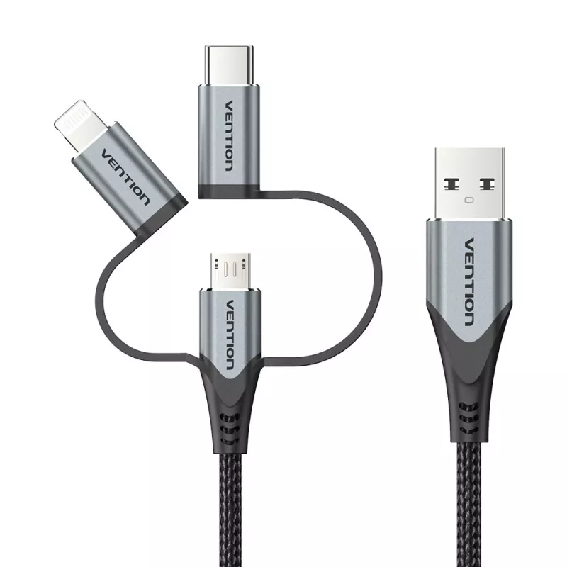 Vention USB 2.0 A vīr. uz 3-in-1 Micro-B&USB-C&Lightning vīr. kabelis 1M pelēks alumīnija sakausējuma tips