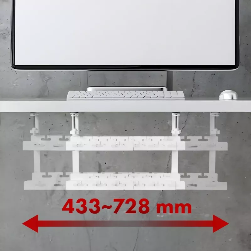 Zemgalda kabeļu organizators MACLEAN MC-102W — tērauda stiprinājums zem galda, regulējams garums, piemērots 0,5–5 cm galdiem, slodze 5 kg, balts