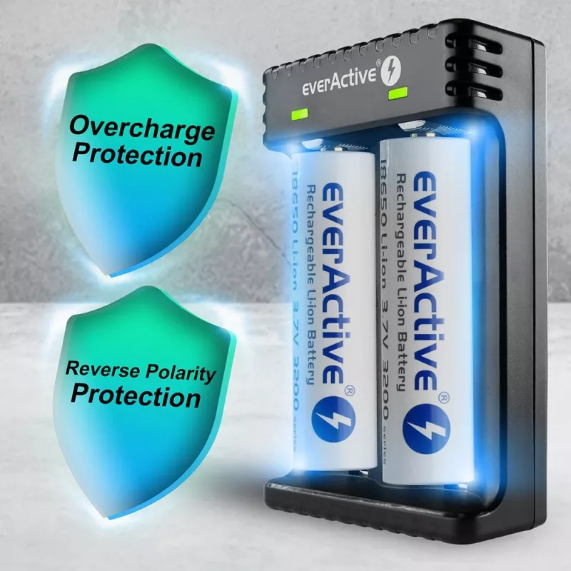 Bateriju lādētājs everActive LC200 mājsaimniecības USB, 2 nodalījumu, Li-Ion, atbalsta A/AA/AAA/AAAA/C/D, 5 V ieeja, 4.2 V izeja, melns
