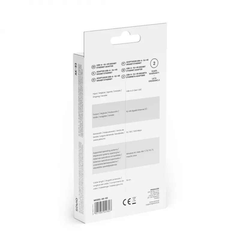 Tīkla saskarnes adapteris SAVIO AK-83 USB Type-A uz RJ-45 vīr., 5 Gbit/s, melns