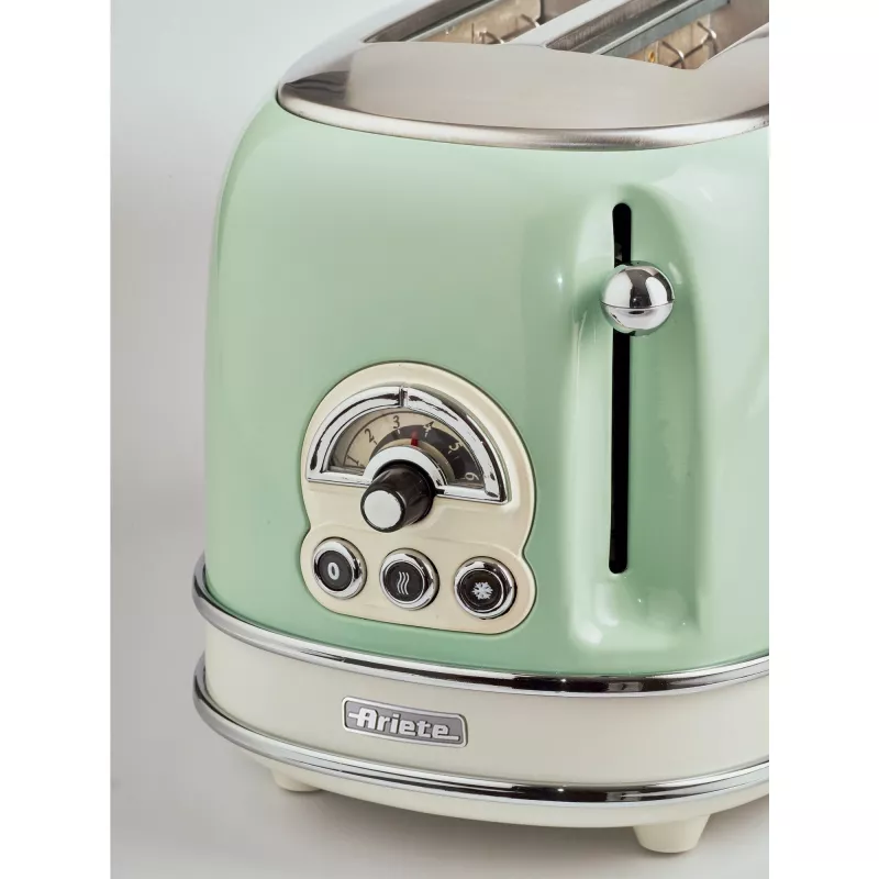 Ariete 155 Design 2 Slice Toaster ar sviestmaižu turētājiem, 6 grauzdēšanas līmeņi, 810 W, nerūsējošā tērauda korpuss, noņemama drupatu paplāte, pasteļzaļš