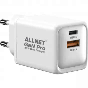 Strāvas adapteris ALLNET PSU-GaNPD-USB-1A1C-45W USB-C PD un USB-A QC 45W GaN lādētājs