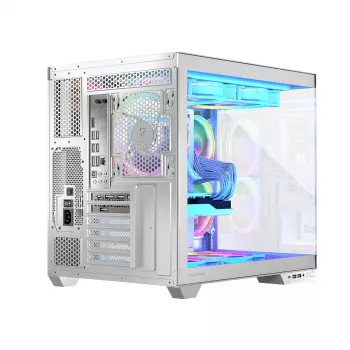 PC korpuss MODECOM Volcano Panorama Midi Tower balts — micro ATX, rūdīts stikls, ARGB, USB-C, atbalsta GPU 400 mm