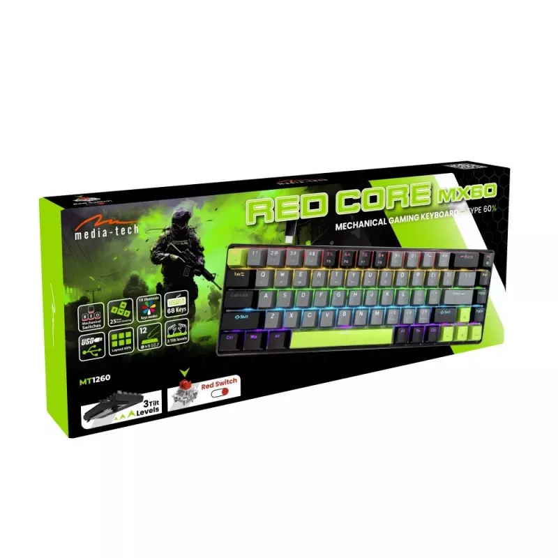 Mehāniskā tastatūra MEDIA-TECH MT1260 Red Core MX60, 60% formas koeficients, CHERRY MX Red slēdži, RGB fona apgaismojums, USB, zaļa