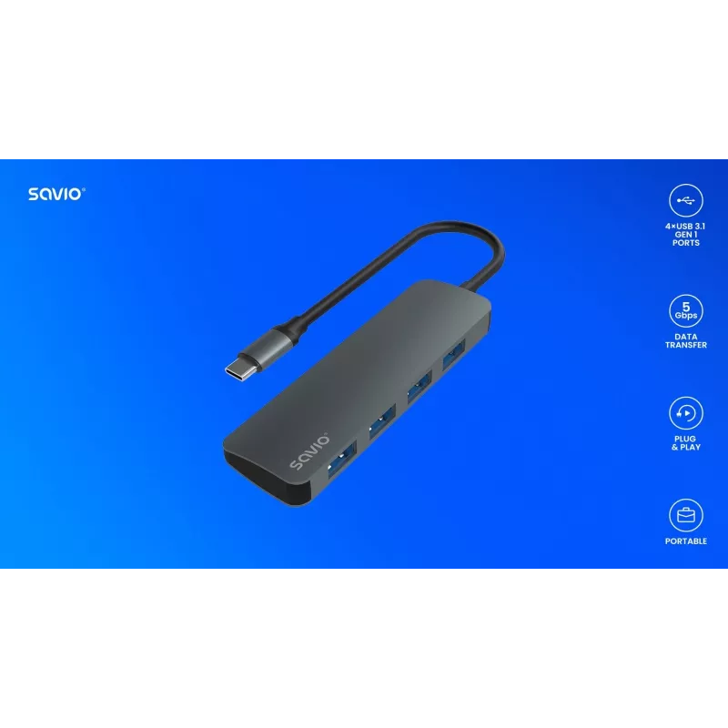 USB centrmezgls SAVIO AK-54 — 4 x USB-A (USB 3.2 Gen 1), USB-C resursdators, melns