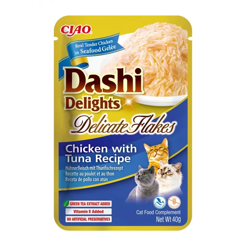 INABA Dashi Delights Delicate Flakes vistas gaļa ar tunci, slapjie kaķu kārumi, 40 g paciņa