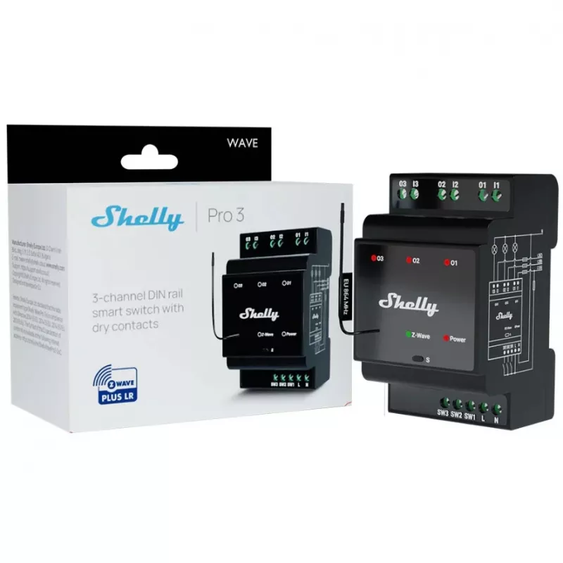 Viedais relejs Shelly Wave PRO 3 — melns, plastmasas korpuss, 110–240 V AC, 50–60 Hz, 0,3 W, 53×59×96 mm