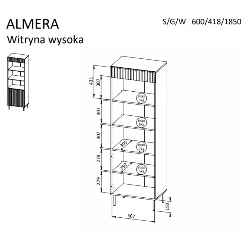 Cama 3 ALMERA Grāmatu skapis 60x42x185 valrieksts/kašmira