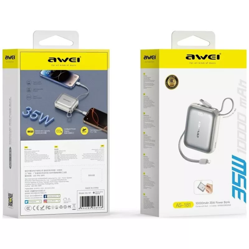 Ārējais akumulators Awei AS-181 10000mAh 35W ar iebūvētu kabeli