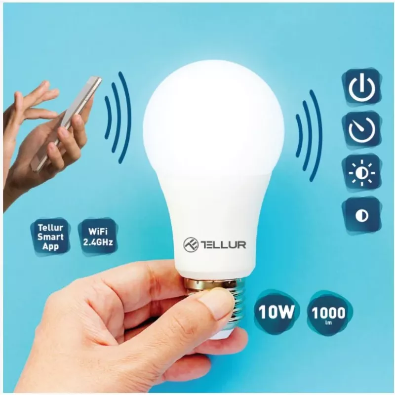 Tellur WiFi viedā spuldze E27, 10W balta/silta, dimmer