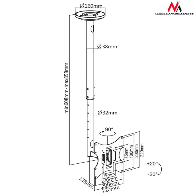Maclean MC-504A B TV griestu kronšteins 23-42 50 - 85 cm 30kg Melns