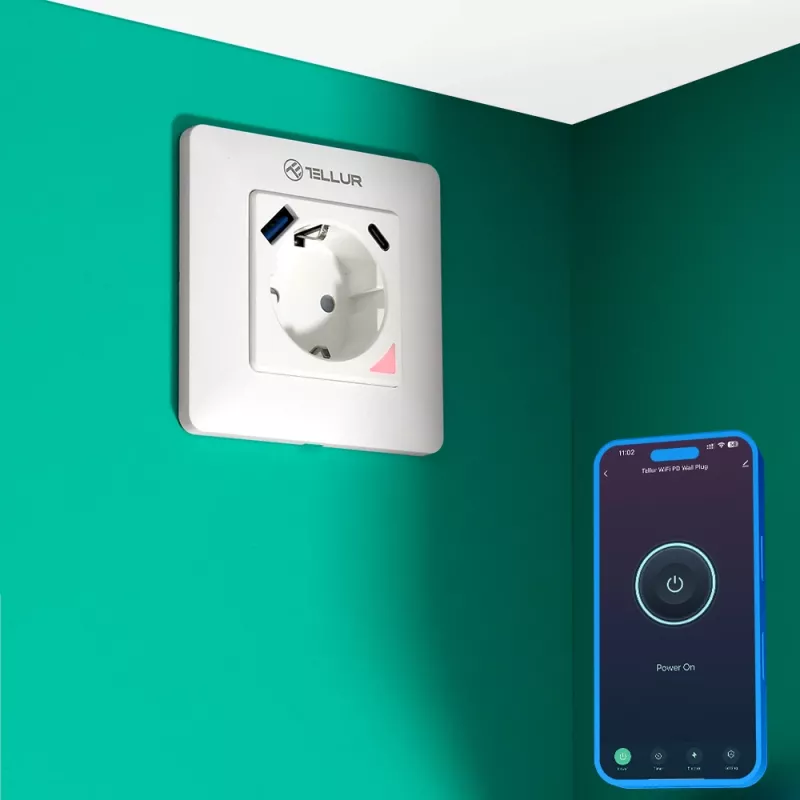 Viedais WiFi sienas kontaktligzdas spraudnis Tellur TLL331531 — 3600W 16A, Wi‑Fi tālvadība