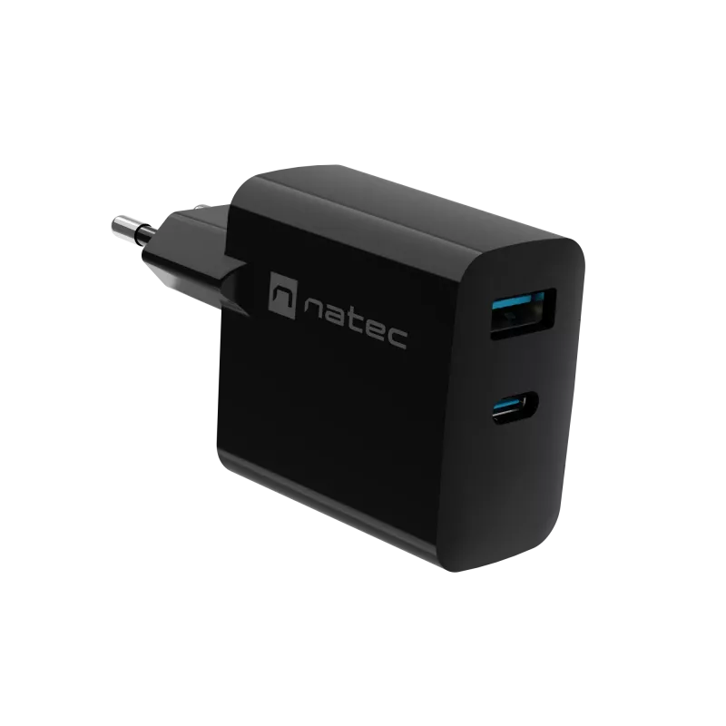 Vadu mobilo ierīču lādētājs NATEC NUC-2143, 45 W, USB-C PD 3.0 + USB-A QC 3.0, 110–240 V, melns