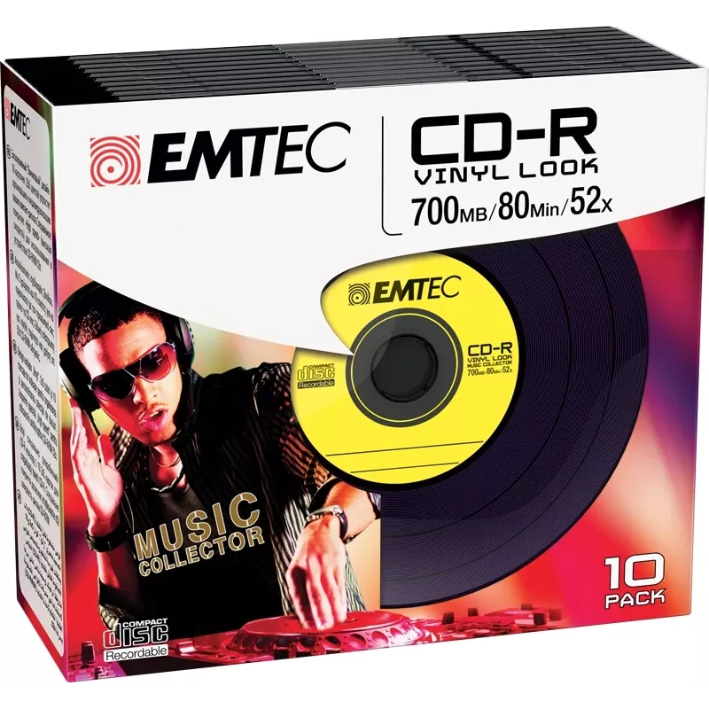 EMTEC Vinyl Look - 10 x CD-R - 700 MB (80 min) 52x - zila, dzeltena, ceriņu, zaļa, rozā - plāns Jewel Case