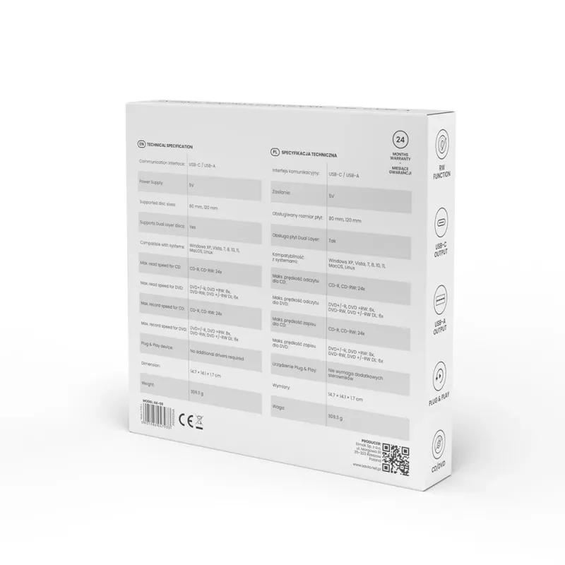 SAVIO AK-59 Ārējais plānais CD/DVD ierakstītājs R/RW - USB-C/USB-A, melns