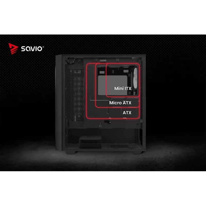PC korpuss SAVIO Noctis Flow RGB — Cube, ATX/Mini-ITX, 3x 120 mm priekšējie ventilatori, rūdīta stikla sānu panelis, max GPU 35 cm