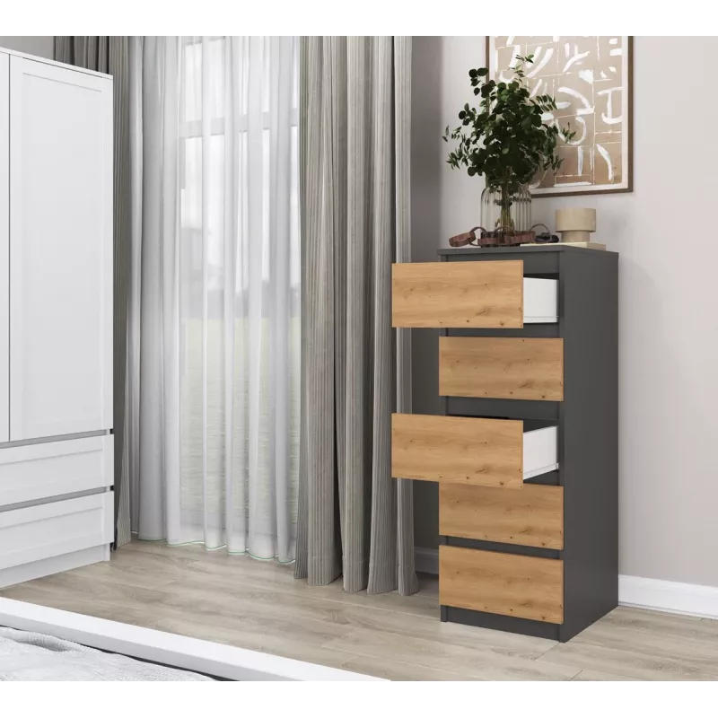 Kumode Top e Shop W5 ANT/ART, 5 atvilktnes, Antracīts/Ozols, skaidu plātne