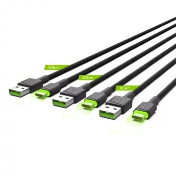 USB-C kabelis zaļa Cell KABGCSET02 1,2 m (USB A uz USB C, 2,4 A, 480 Mbps) 3-gab. komplekts ar LED fona apgaismojumu