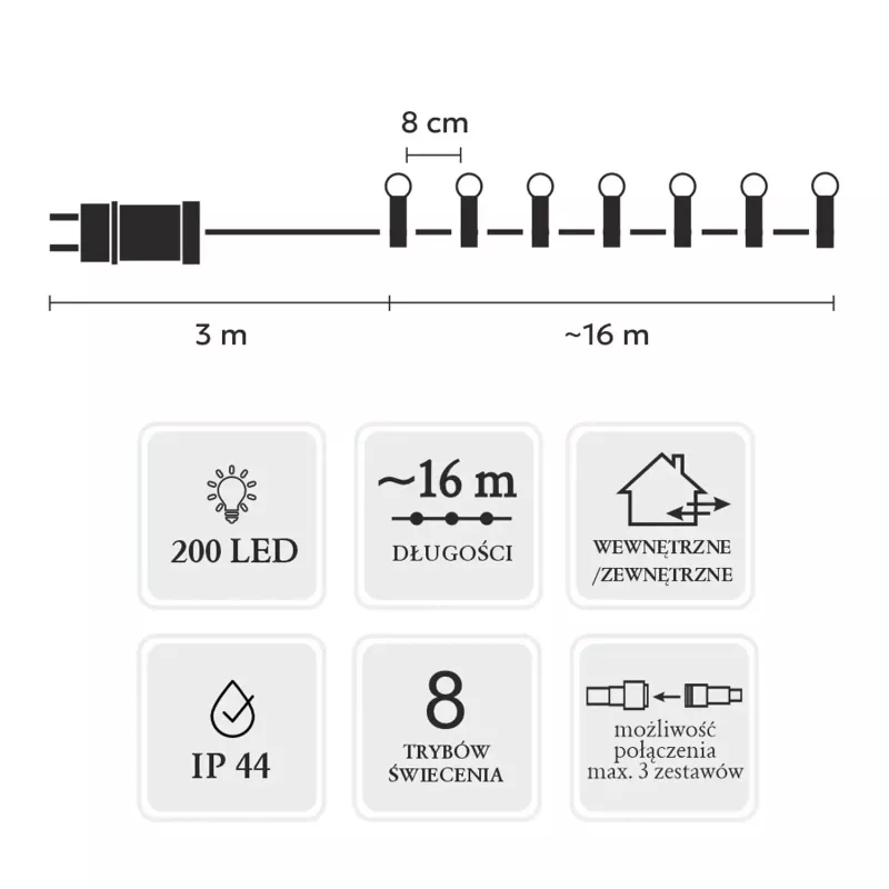 LED virtenes gaismas Extralink 200 spuldzes auksti baltas, diametrs 3+ mm, garums 16 m