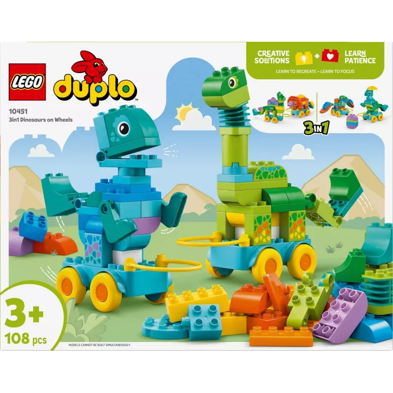 Konstruktors LEGO DUPLO 10451 Dinozauri uz riteņiem 3-in-1 komplekts, 108 gab., vecumam 3+, augstums 220 mm