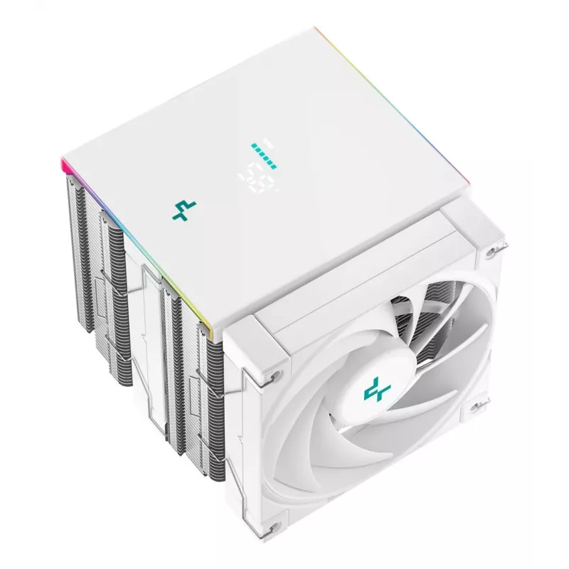 Gaisa dzesētājs DeepCool AK620 Digital SE balta — divi 120 mm ventilatori, 6 siltuma caurules, PWM, LGA 1700 atbalsts, iebūvēts displejs