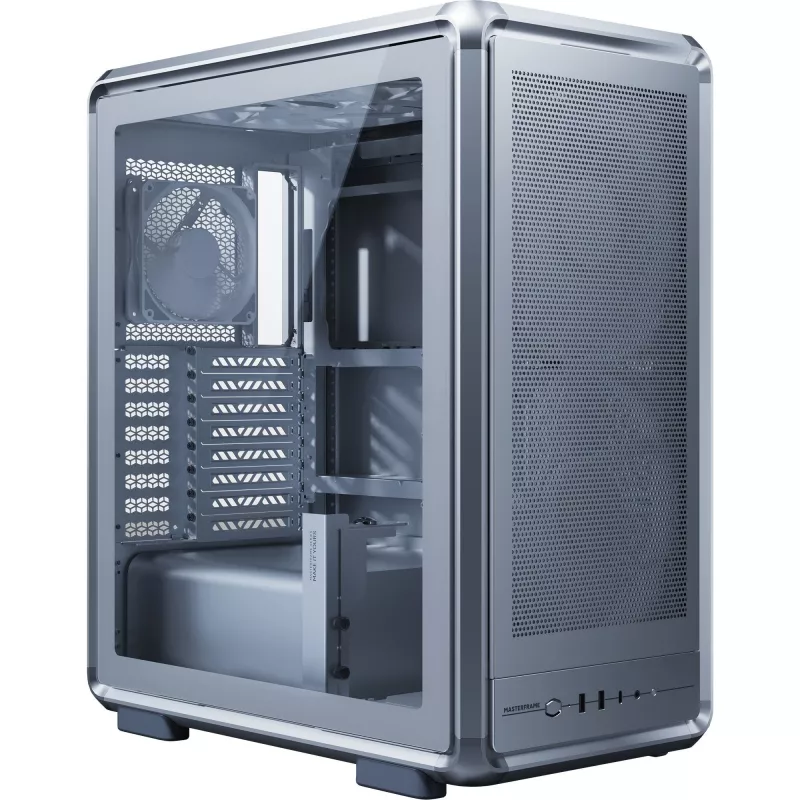 PC Midi Tower Cooler Master MasterFrame 500 Mesh — melns ar caurspīdīgu sānu, atbalsta ATX barošanas blokus, 2x200mm priekšā + 1x120mm aizmugurē, 2.5 collu/3.5 collu diski