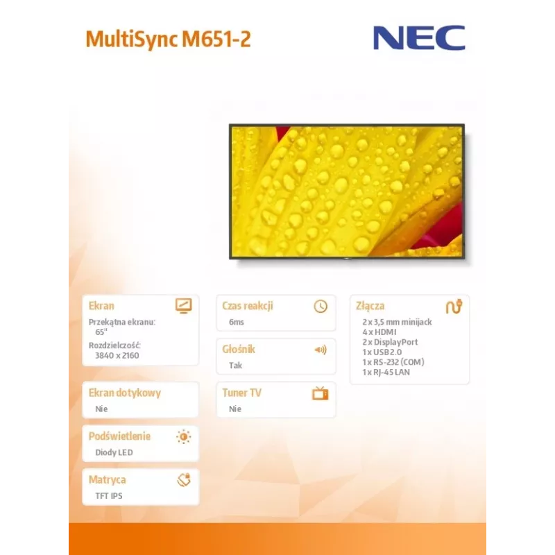 NEC MultiSync M651-2 Kioska dizains 165,1 cm (65 collas) LED 500 cd/m² 4K Ultra HD Melns Iebūvēts procesors