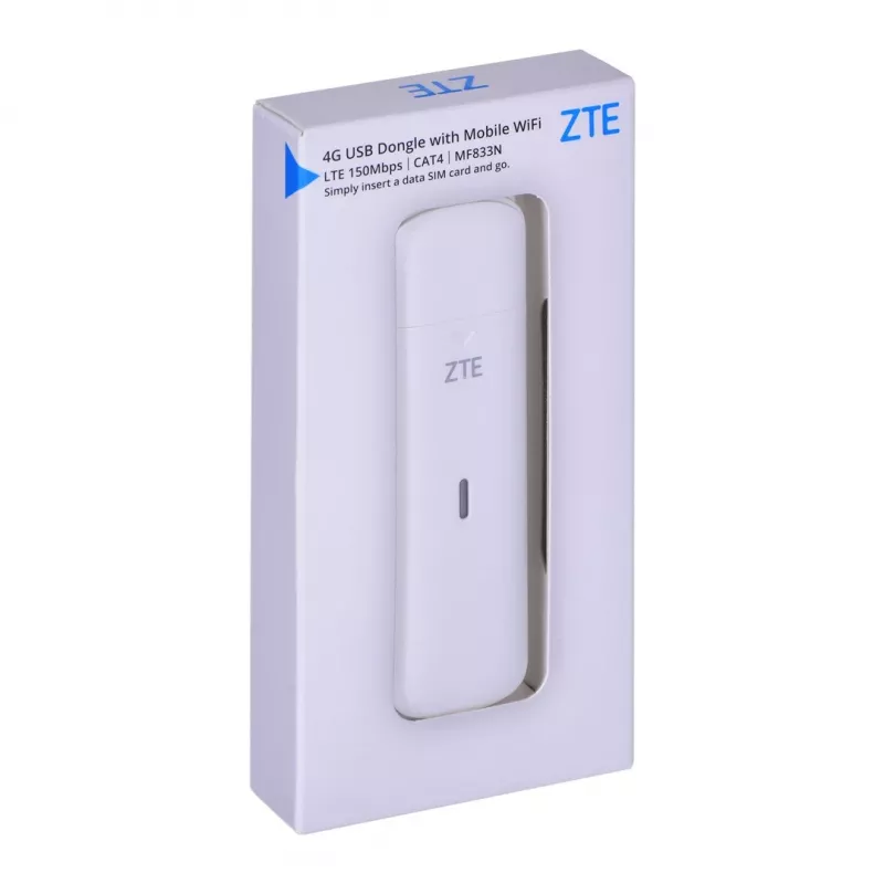 USB mobilais modems ZTE MF833N, pārnēsājams USB formas faktors, 4G LTE-FDD/TDD līdz 150 Mbps, HSUPA/2G atbalsts, microSD slots, balts