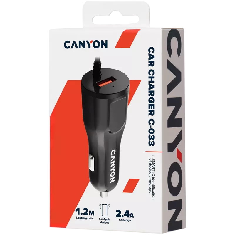CANYON autolādētājs C-033 2.4A/USB-A ar iebūvētu Lightning savienotāju, melns