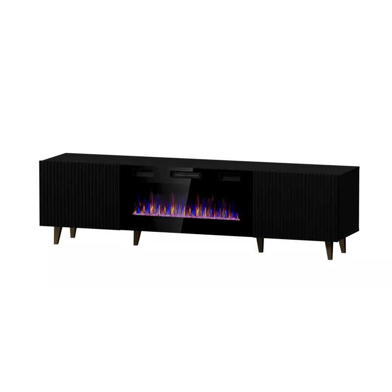 TV skapis Cama Meble PAFOS EF ar elektrisko kamīnu 180x42x49 cm, melns matēts, 2 durvis, 1400–1600 W