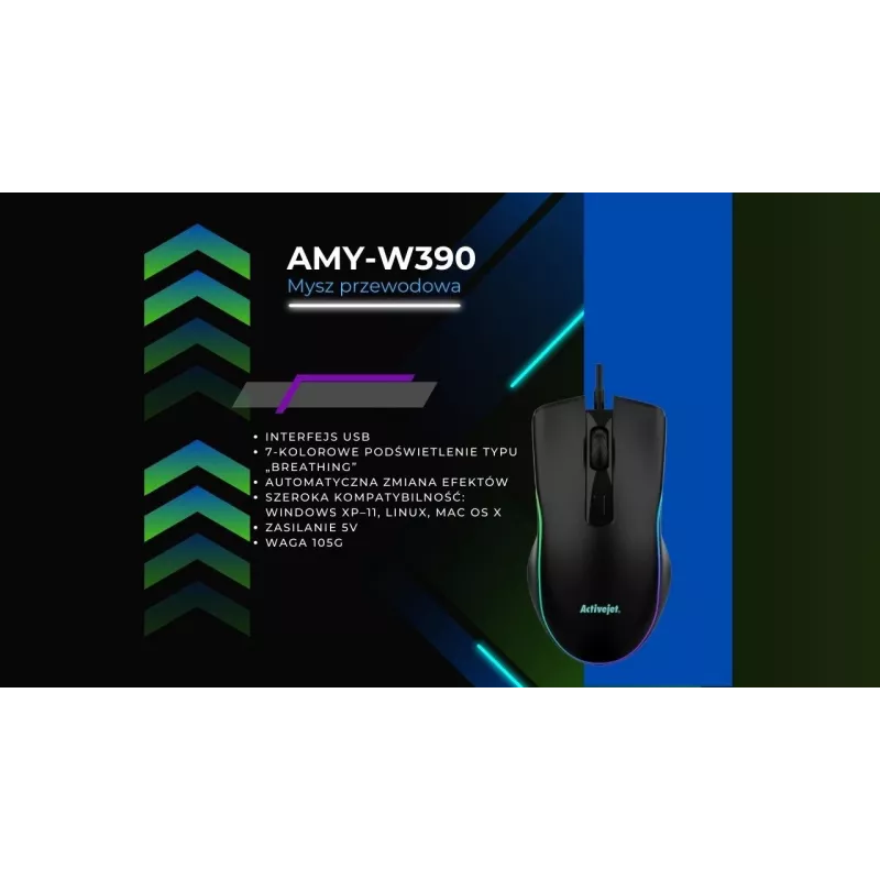 Vadu apsildāmā spēļu pele ActiveJet AMY-W390 — piemērota abām rokām, optiskā 2000 DPI, USB Type-A, 4 pogas, melna