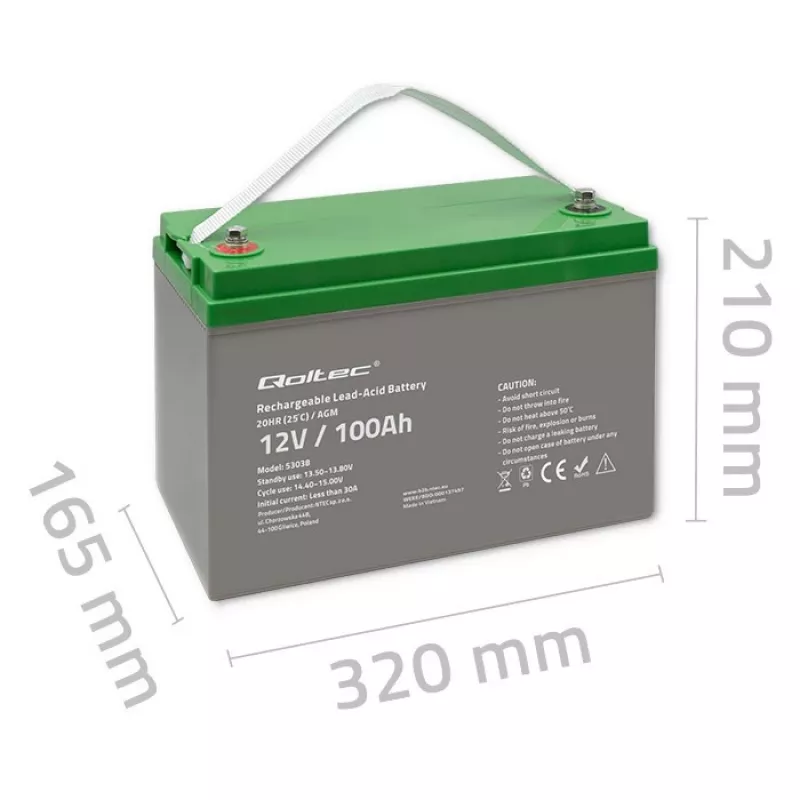 Qoltec 53038 AGM akumulators | 12V | 100Ah | maks. 1200A