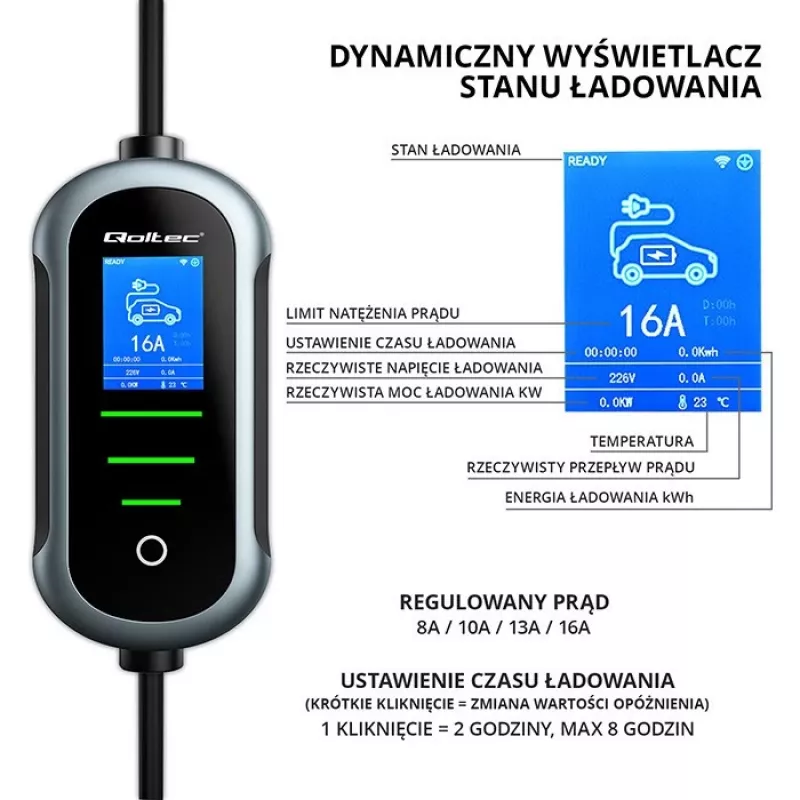 Elektrisko transportlīdzekļu lādētājs QOLTEC EV automašīnu lādētājs ar regulējamu Type2 2in1 3.5kW – kompakts maiņstrāvas lādētājs, Type 2, 3,5 kW