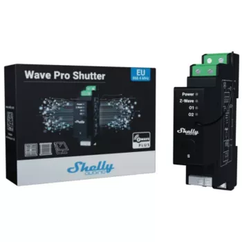 Slēģu vadība Shelly Wave Pro Shutter, melna, plastmasas korpuss, 110–240 V maiņstrāva, 50–60 Hz, 0,3 W, 19×69×94 mm