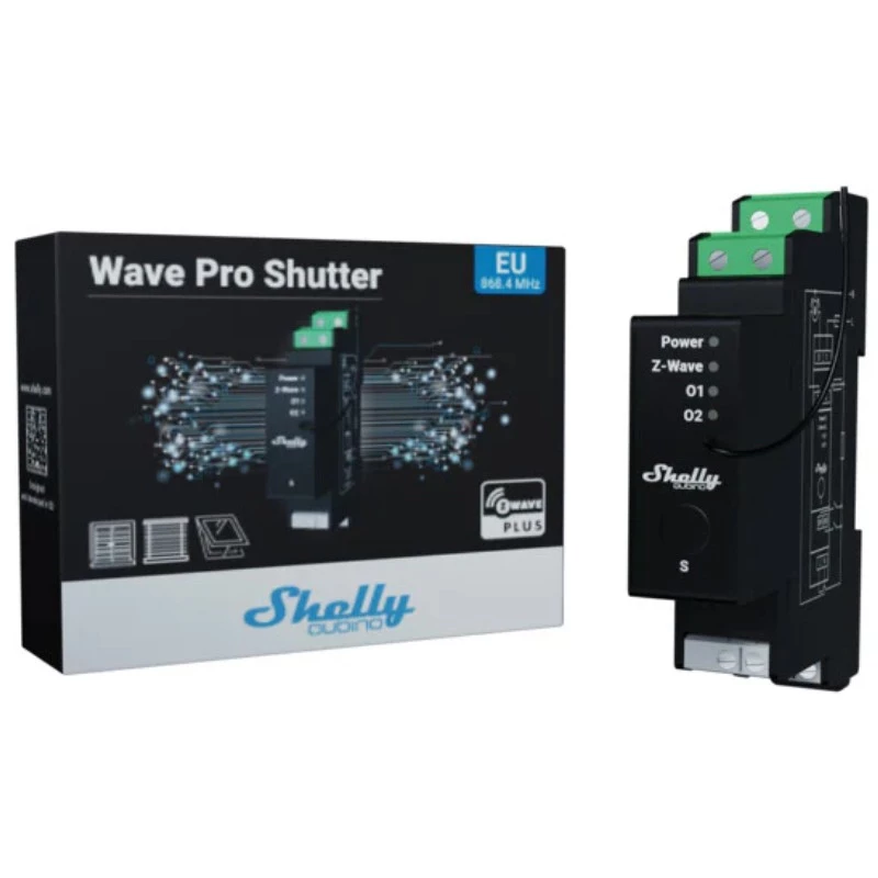 Slēģu vadība Shelly Wave Pro Shutter, melna, plastmasas korpuss, 110–240 V maiņstrāva, 50–60 Hz, 0,3 W, 19×69×94 mm