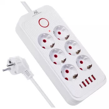 Strāvas sadalītājs MACLEAN MCE389 W — 6 kontaktligzdas, 4×USB-A, 1×USB-C, 2500 W, 110–240 V, 1,5 m kabelis, balts