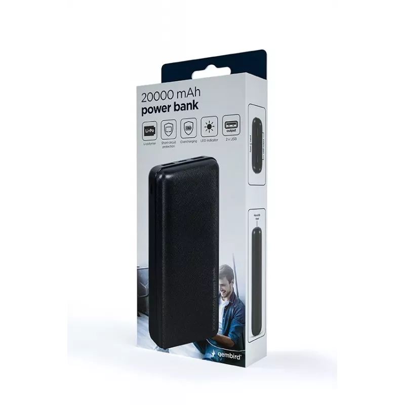 Gembird PB20-02 ārējais akumulators Litija polimērs (LiPo) 20000 mAh Melns