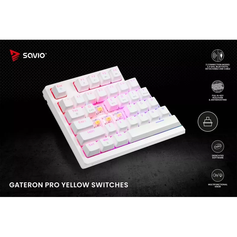 SAVIO PHENIX WHITE bezvadu mehāniskā tastatūra, Gateron Red Pro, ABS