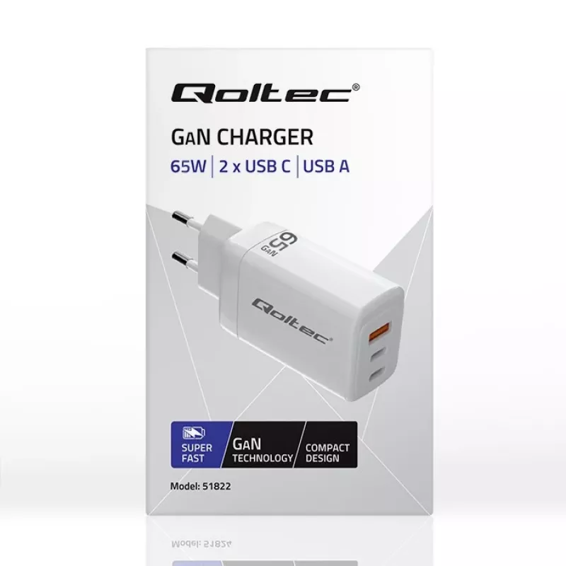 GaN lādētājs QOLTEC 51822 65W 2×USB A 2×USB‑C