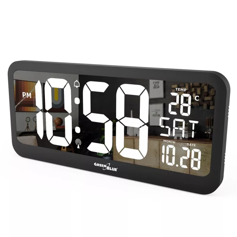 Liels digitālais pulkstenis stiprināšanai pie sienas vai brīvstāvošs ar temperatūras sensoru 37x17 cm LCD displejs strāvas adapteris un darbojas ar baterijām