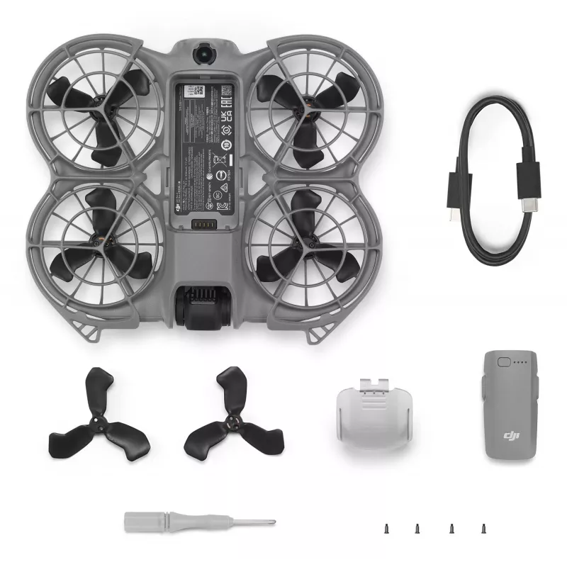 Kvadrokoptera drons DJI Neo 2 — 4 rotori, 12 MP kamera, 2688×1512 video, 1606 mAh baterija, 49 GB iekšējā atmiņa, Wi‑Fi un Bluetooth