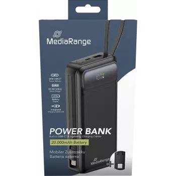 Ārējais akumulators MediaRange MRMA756 — 20000 mAh LiPo, 15 W izeja, USB-A + USB-C, melns