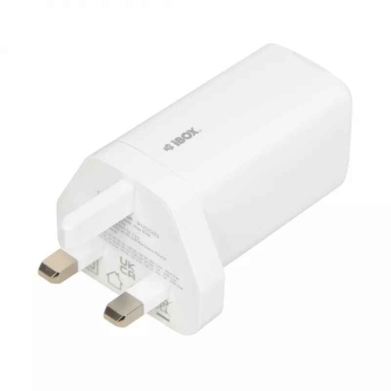 iBOX C-65 Balts, GaN 65W universāls lādētājs ar UK kontaktdakšu