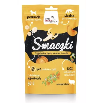 Suņu kārums SYTA MICHA Treats ar jēru, ķirbi, banānu un aprikozi 80 g — bez graudiem, hipoalerģisks, pieaugušiem suņiem